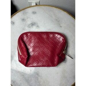 Lancome Paris Red Woven Faux Leather Cosmetic Makeup Bag Travel Pouch Zippered